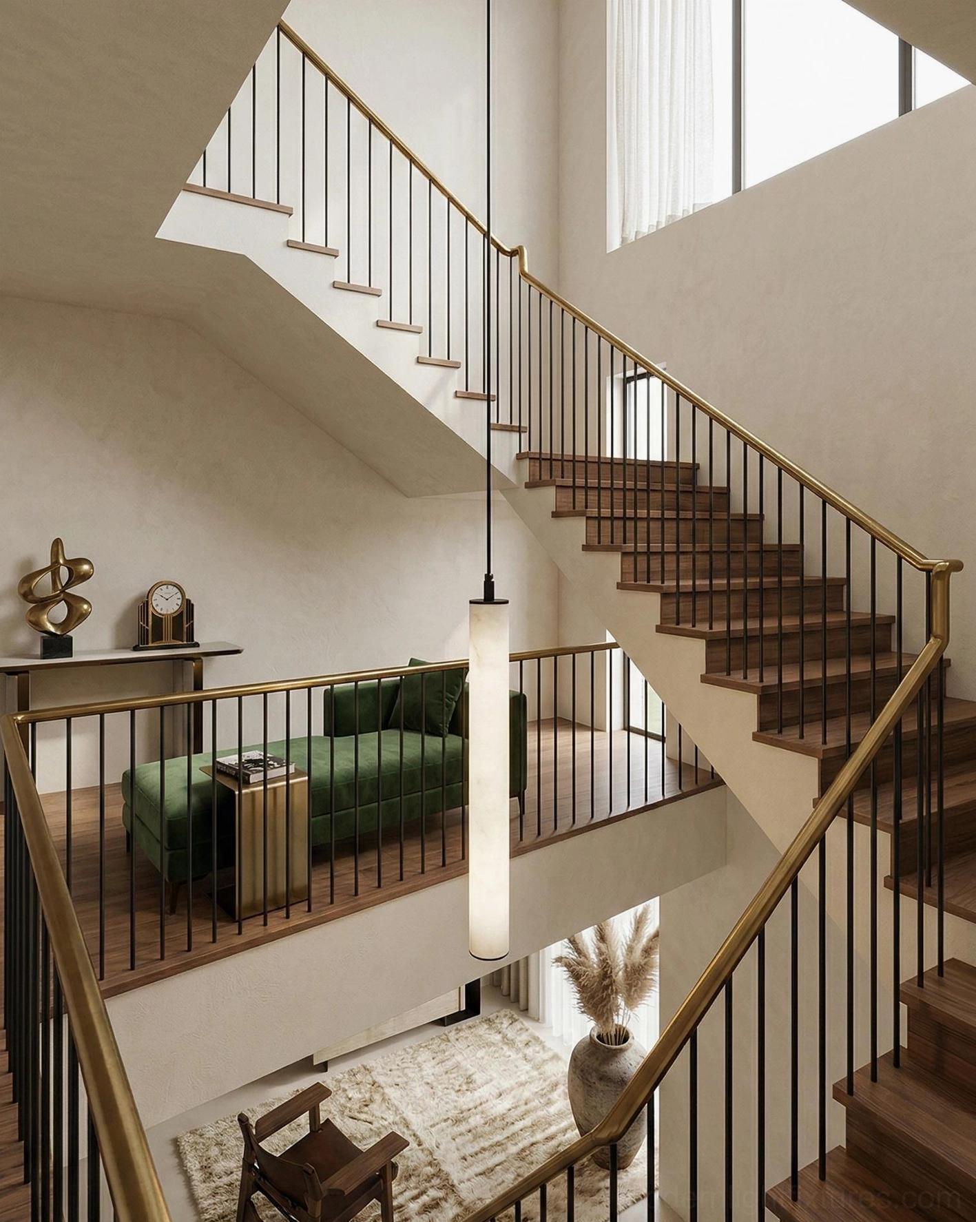 Long alabaster tube pendant stairwell installation luxury modern interior design duplex