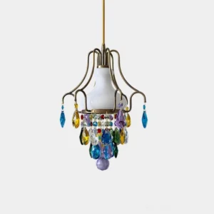 Caldira crystal drop pendant light - brass frame with multicolor gem-like crystal accents in studio frontal view