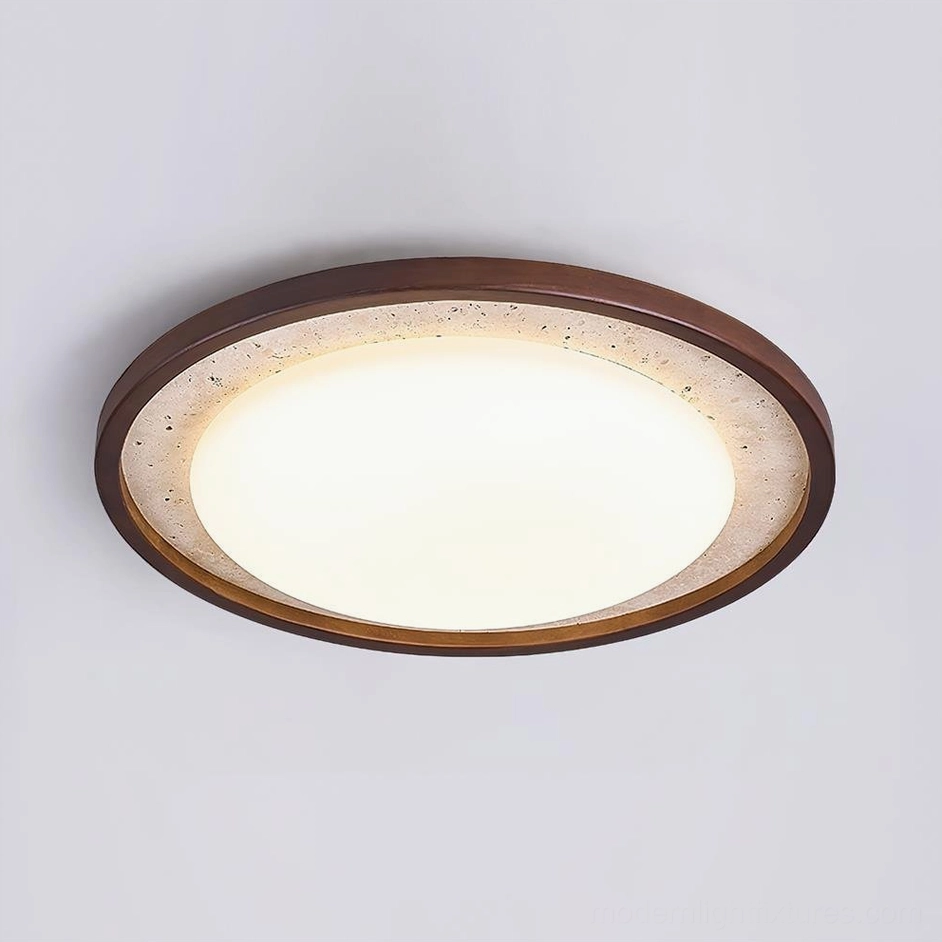 Caldo 54cm walnut and beige travertine ceiling light, large format warm white fixture