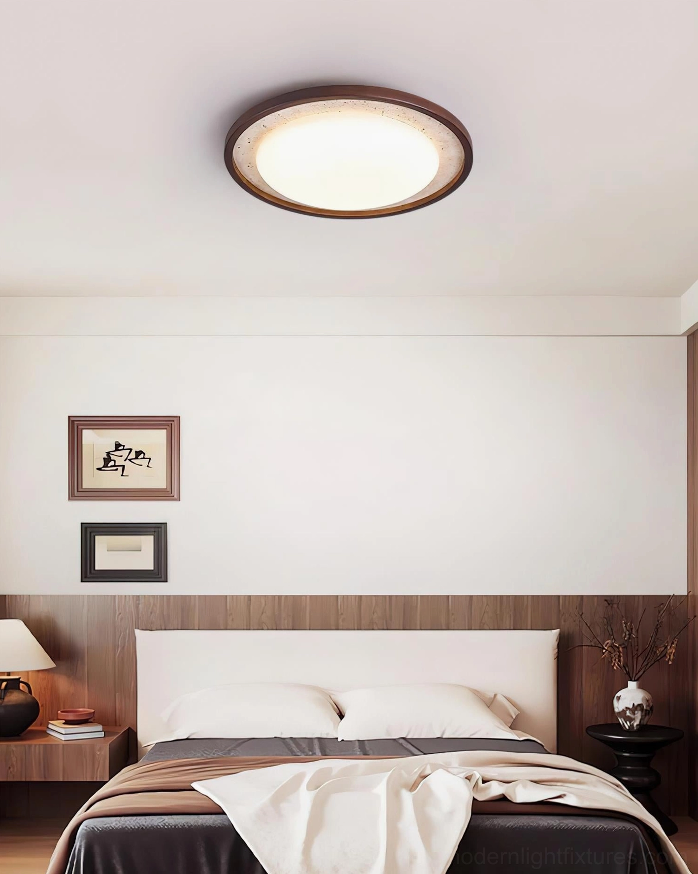Caldo ceiling light installed in modern bedroom, overhead view showing integrated LED warm white lighting