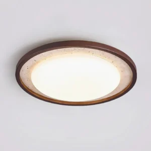 Caldo modern ceiling light fixture, flat-on view showing matte opal diffuser and layered stone wood trim