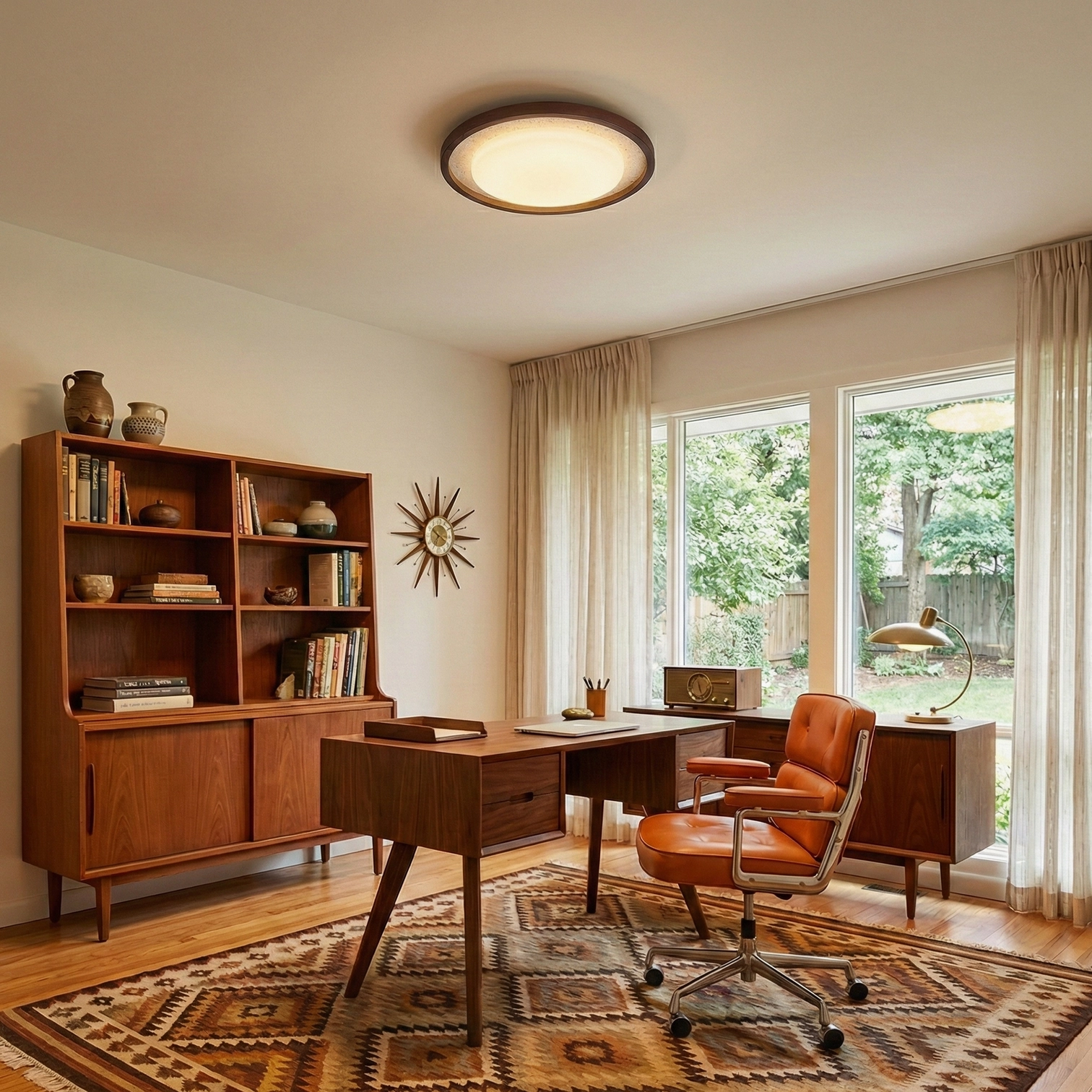 Caldo warm white ceiling light installed in modern home office, overhead mounted fixture