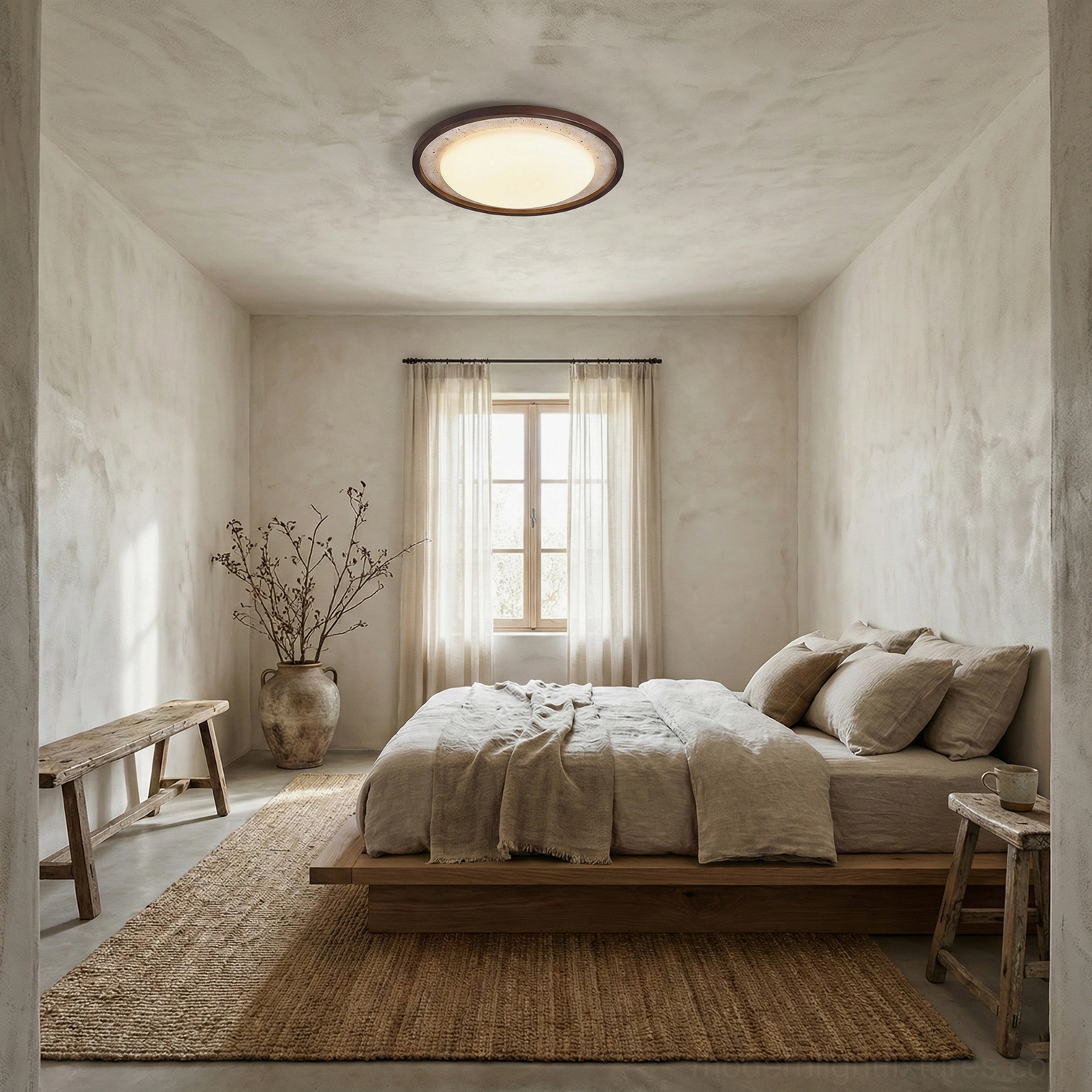Caldo round flush mount ceiling lamp in mid-century modern home, ambient warm light design