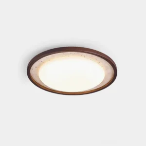 Caldo travertine ceiling light with walnut wood trim, studio product shot showing round flush mount design