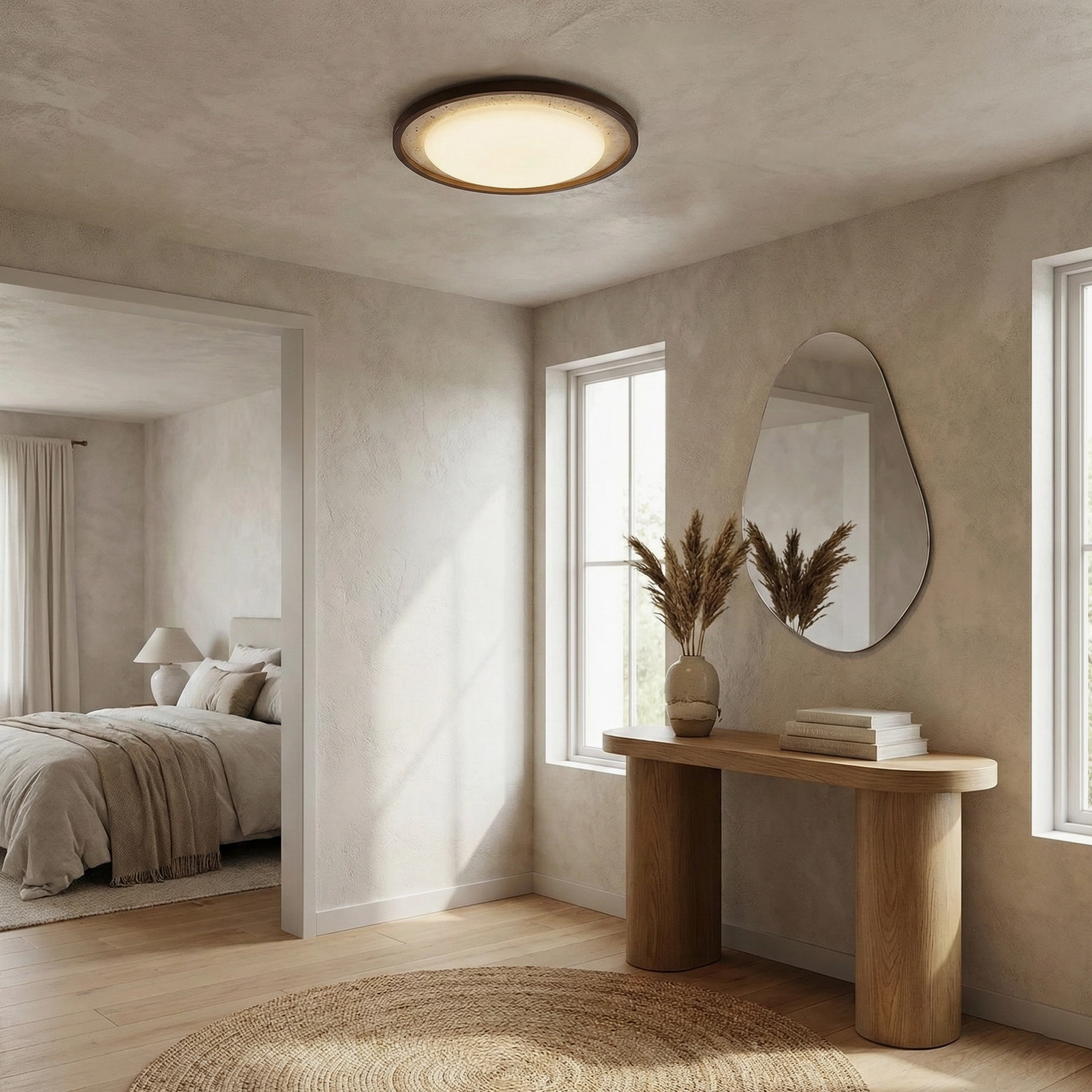 Caldo travertine ceiling light mounted on textured concrete ceiling in Scandinavian bedroom