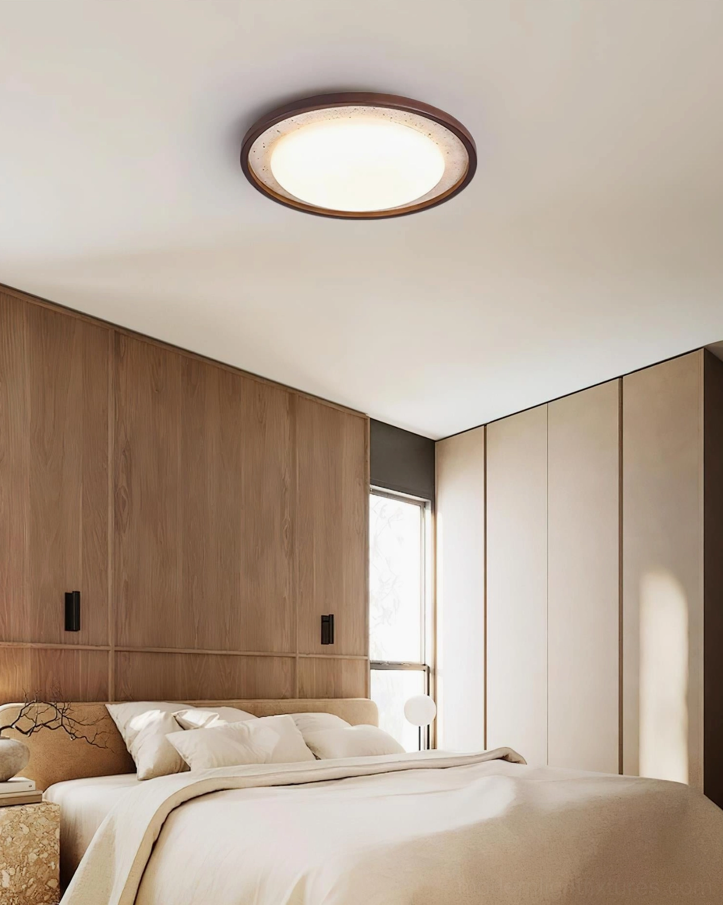 Caldo travertine stone ceiling light installed in bedroom, cozy ambient lighting atmosphere