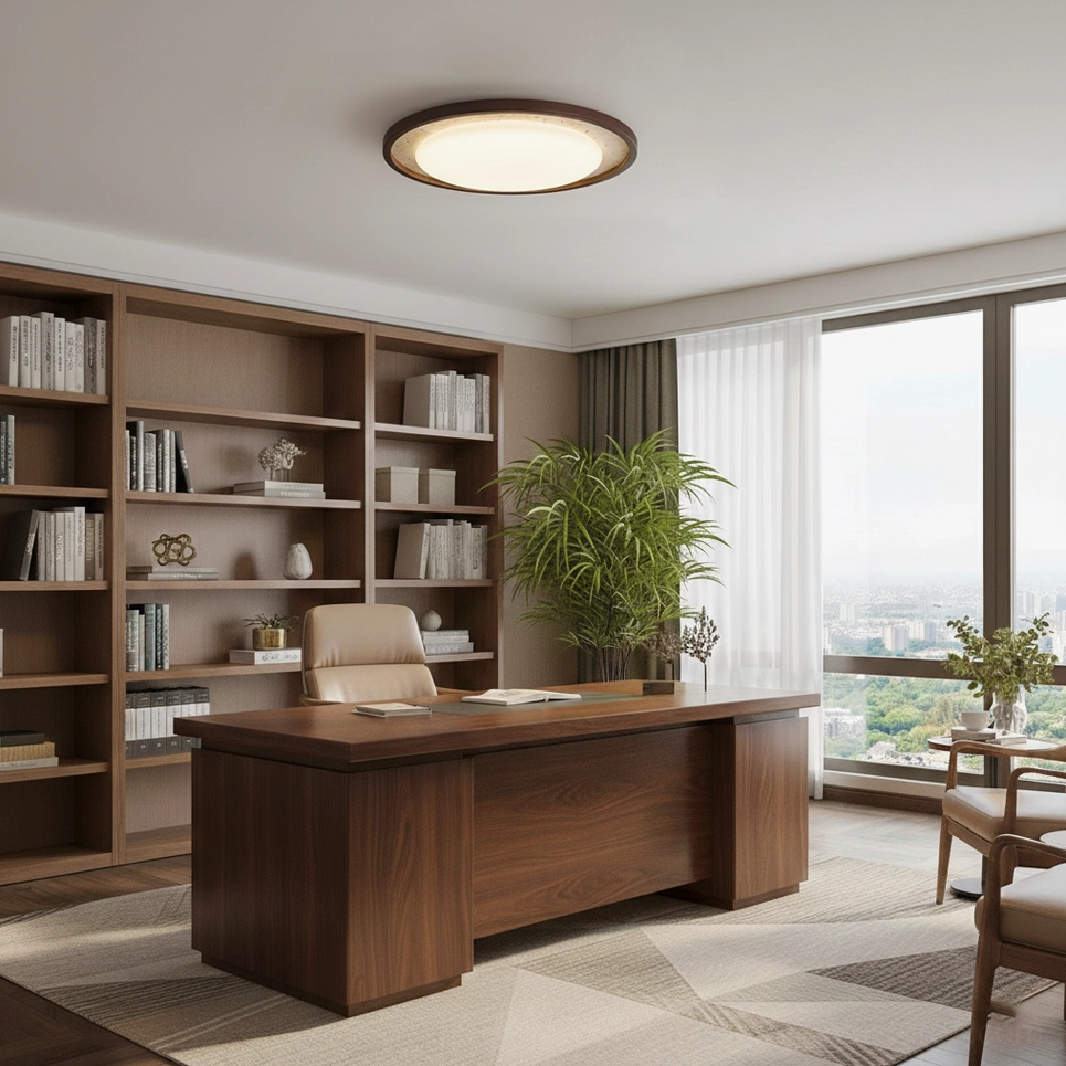 Caldo ceiling light showing walnut trim and beige travertine stone combination detail