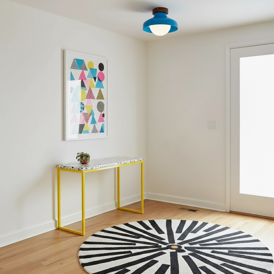 Calico modern ceiling fixture showing glass diffuser and metal shade construction