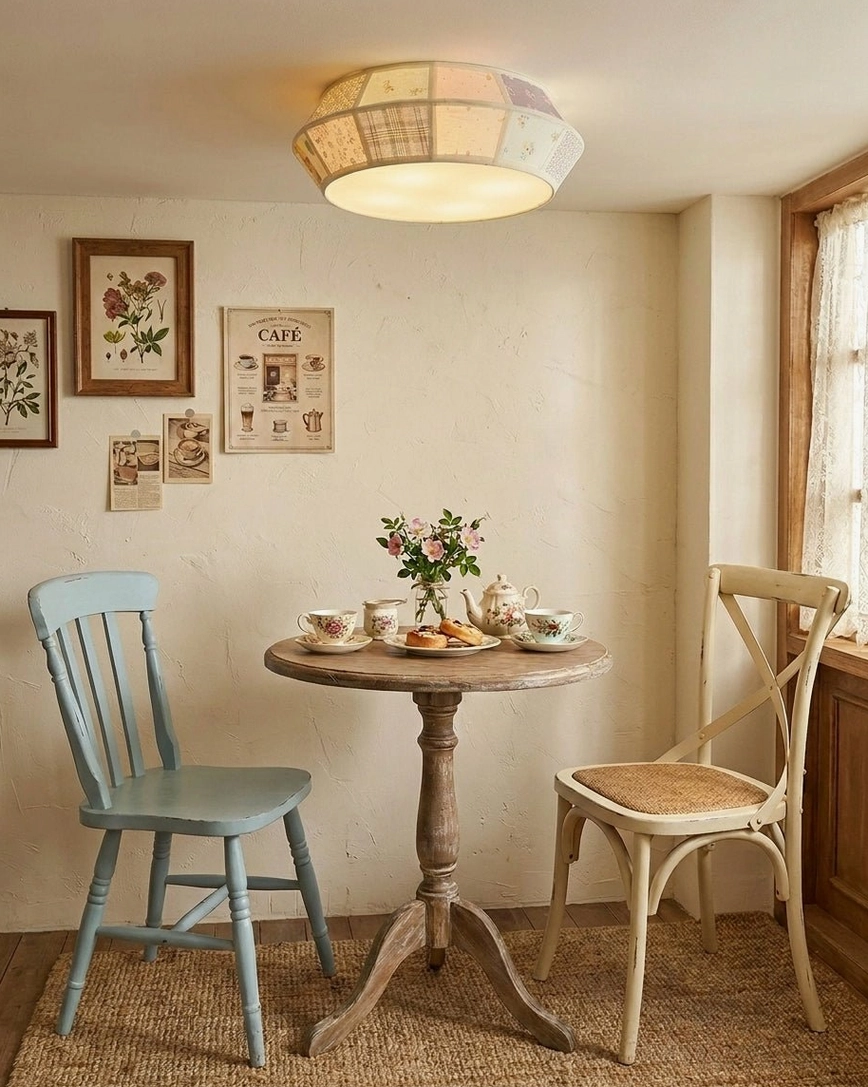 Patchwork fabric flush mount ceiling fixture in french cafe bistro dining area - charming cottage ceiling light