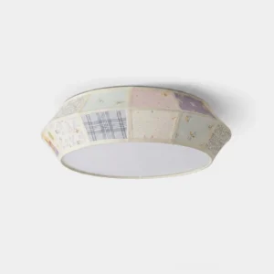 Calicora Patchwork Flush Mount Ceiling Light - Front view pastel fabric drum with integrated LED on white background