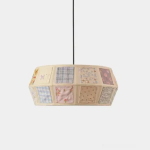 Calicora patchwork fabric pendant light - mixed floral and plaid drum shade with integrated LED, studio product photography on white background