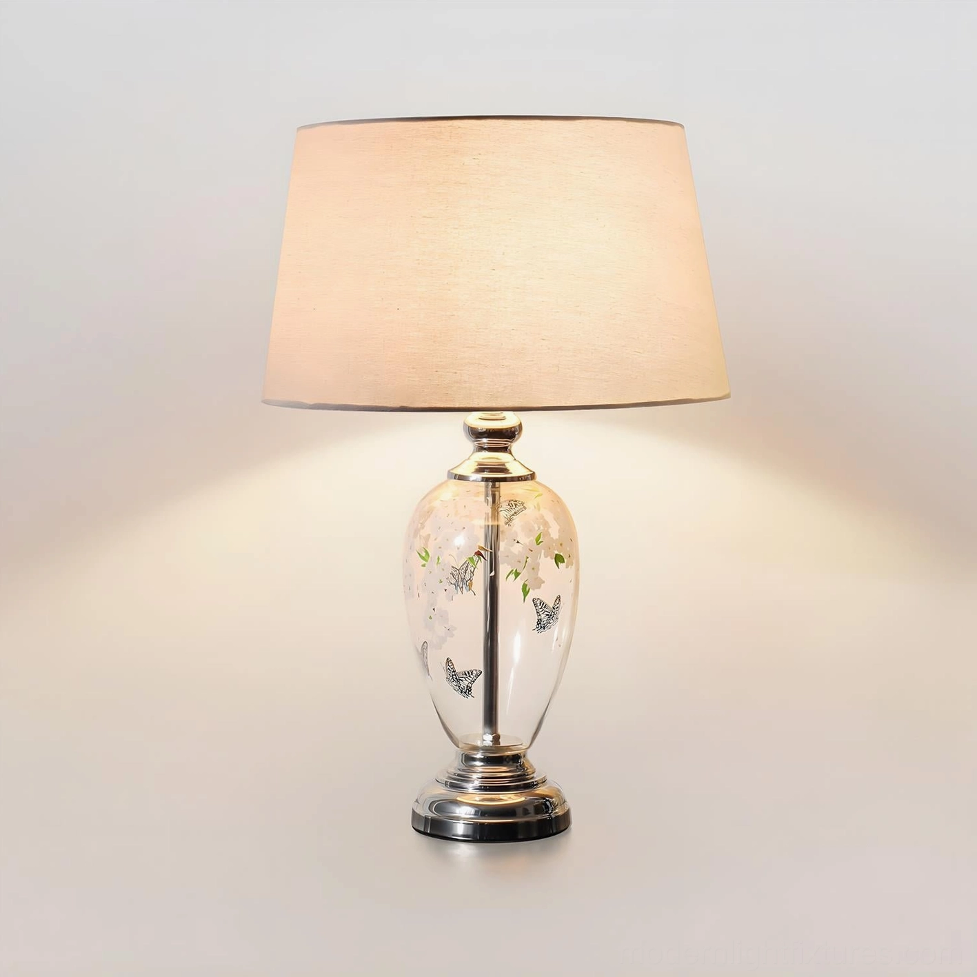 Calista table lamp full product photography chrome metal base linen shade