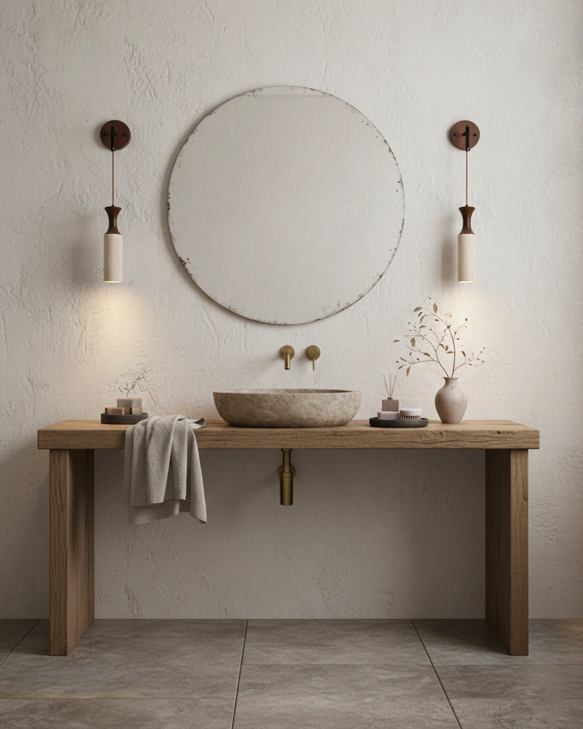 Calista Geode bathroom vanity sconces, damp-rated travertine fixtures with round mirror