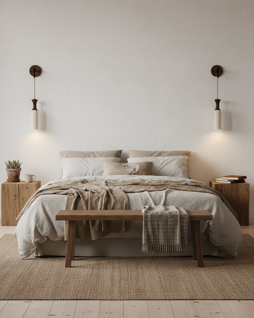 Matching pair of Calista Geode wall sconces in bedroom, symmetrical travertine and wood fixtures