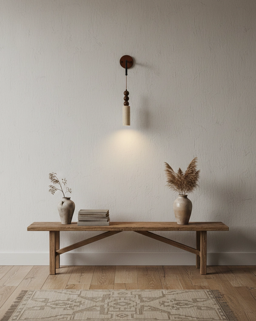 Calista Geode wall pendant light above entryway bench, wabi-sabi minimalist style