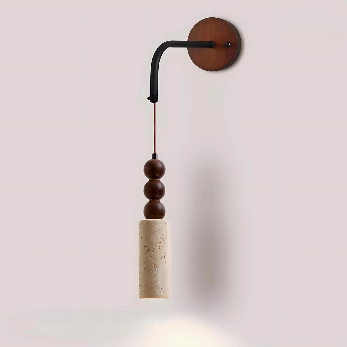 Calista Geode wall sconce with curved metal arm, black finish with wood beads and travertine