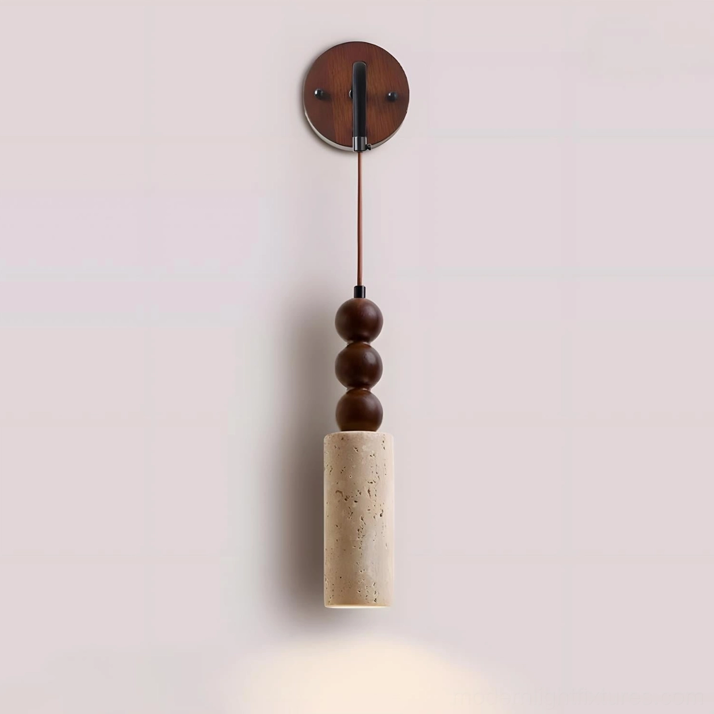 Calista Geode Model A wall sconce, stacked wood beads and cylindrical travertine shade, studio view