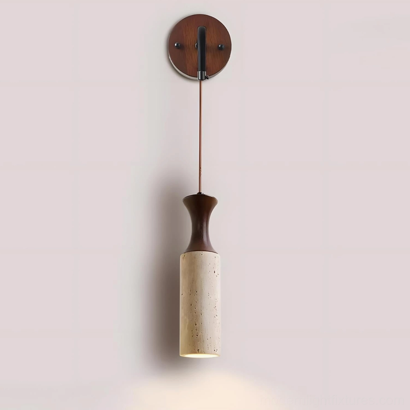 Calista Geode Model B wall sconce, medium height travertine pendant with warm wood finish
