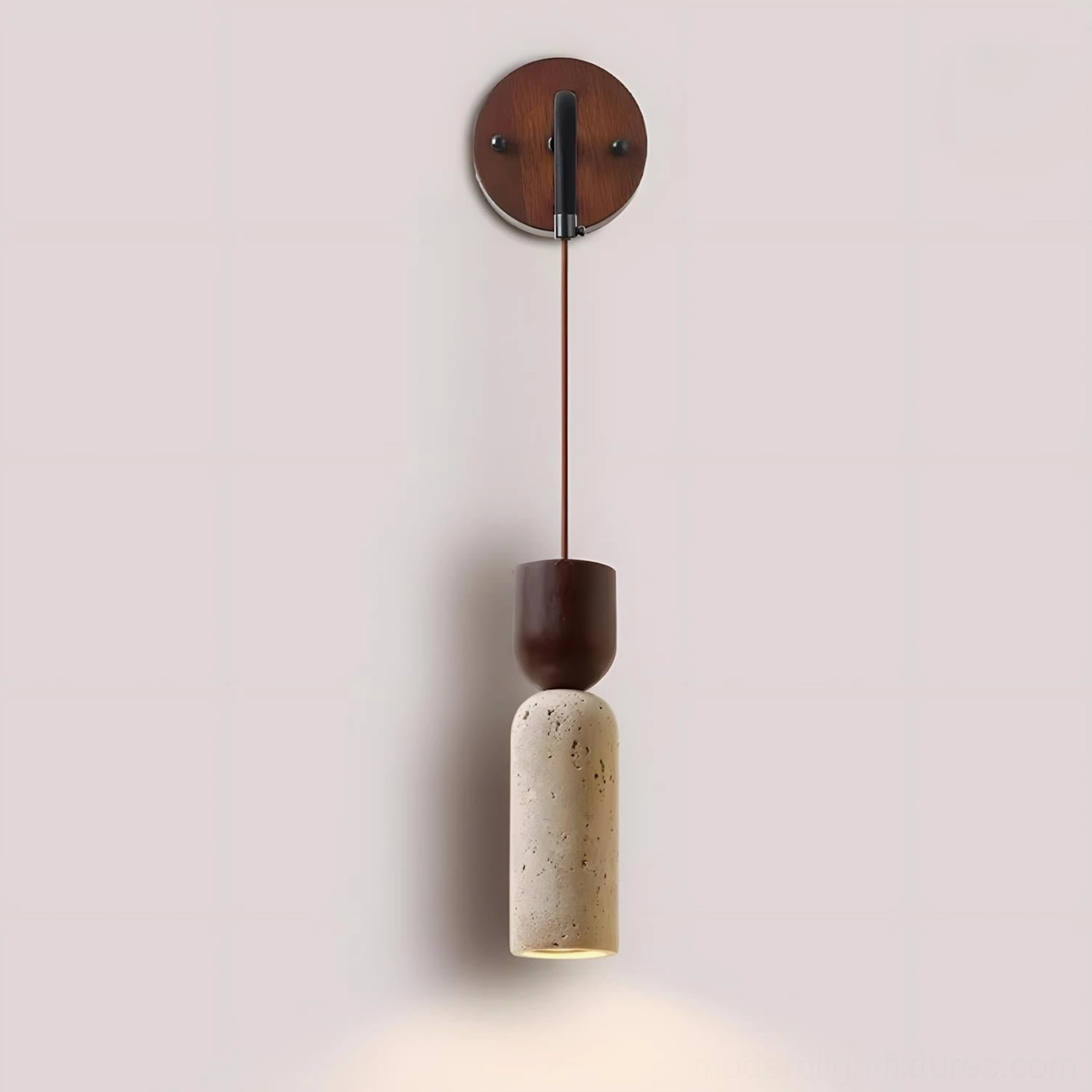 Calista Geode Model C compact wall sconce, small travertine shade with dark wood accents