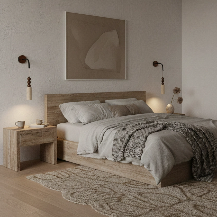 Pair of Calista Geode wall sconces in modern bedroom, symmetrical travertine fixture design