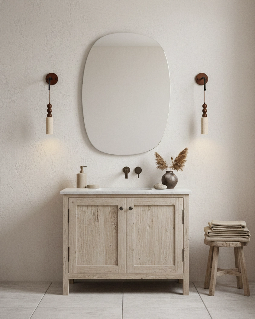 Calista Geode modern wall sconce design detail, travertine stone pendant with wood construction