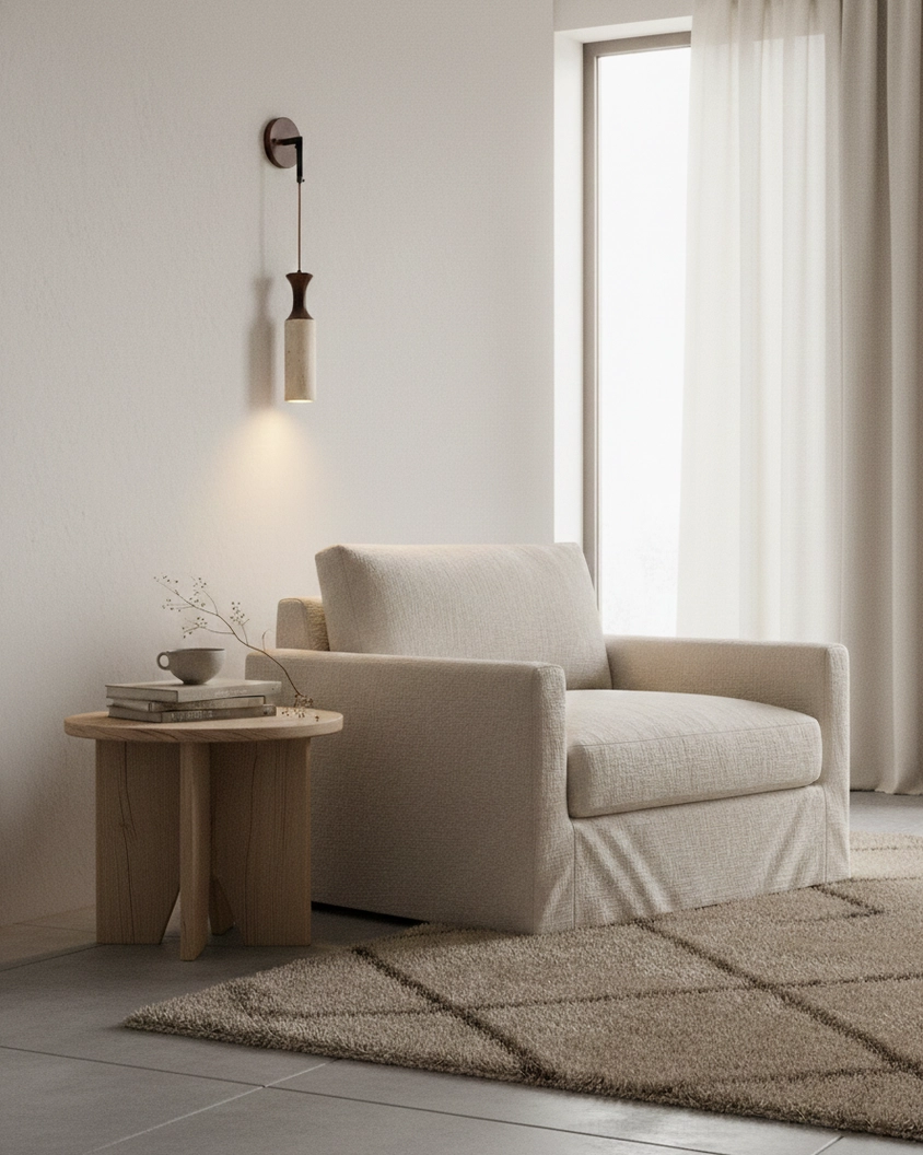 Calista Geode wall sconce installed in cozy minimalist living room, warm neutral interior lighting