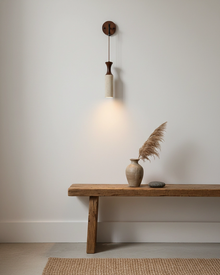 Close-up of Calista Geode travertine wall sconce showing natural stone texture and wood details