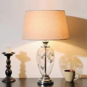Calista botanical table lamp styled on living room side table desktop display