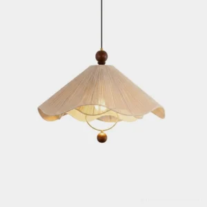 Calista pleated cotton pendant light with scalloped edge and solid wood beads, front view on white background, Japandi coastal style