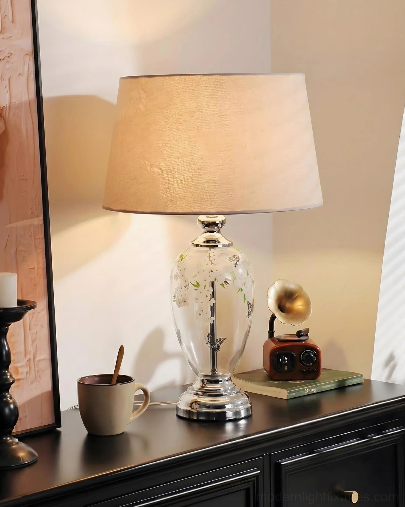 Calista botanical glass lamp on side cabinet vintage living room styling