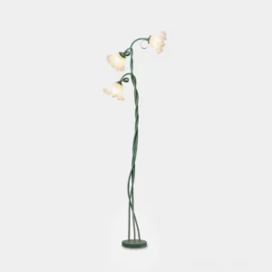 Calla lily floor lamp with matte green stem and white frosted petal shades, studio front view on white background