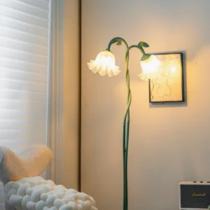 Sculptural calla flower floor lamp glowing in cozy residential corner with warm ambient lighting