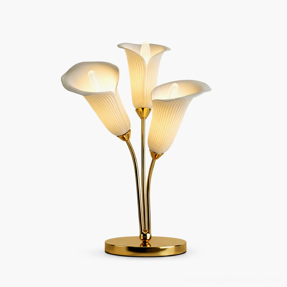 Calla lily table lamp with polished gold metal stems and ceramic shades studio flat view