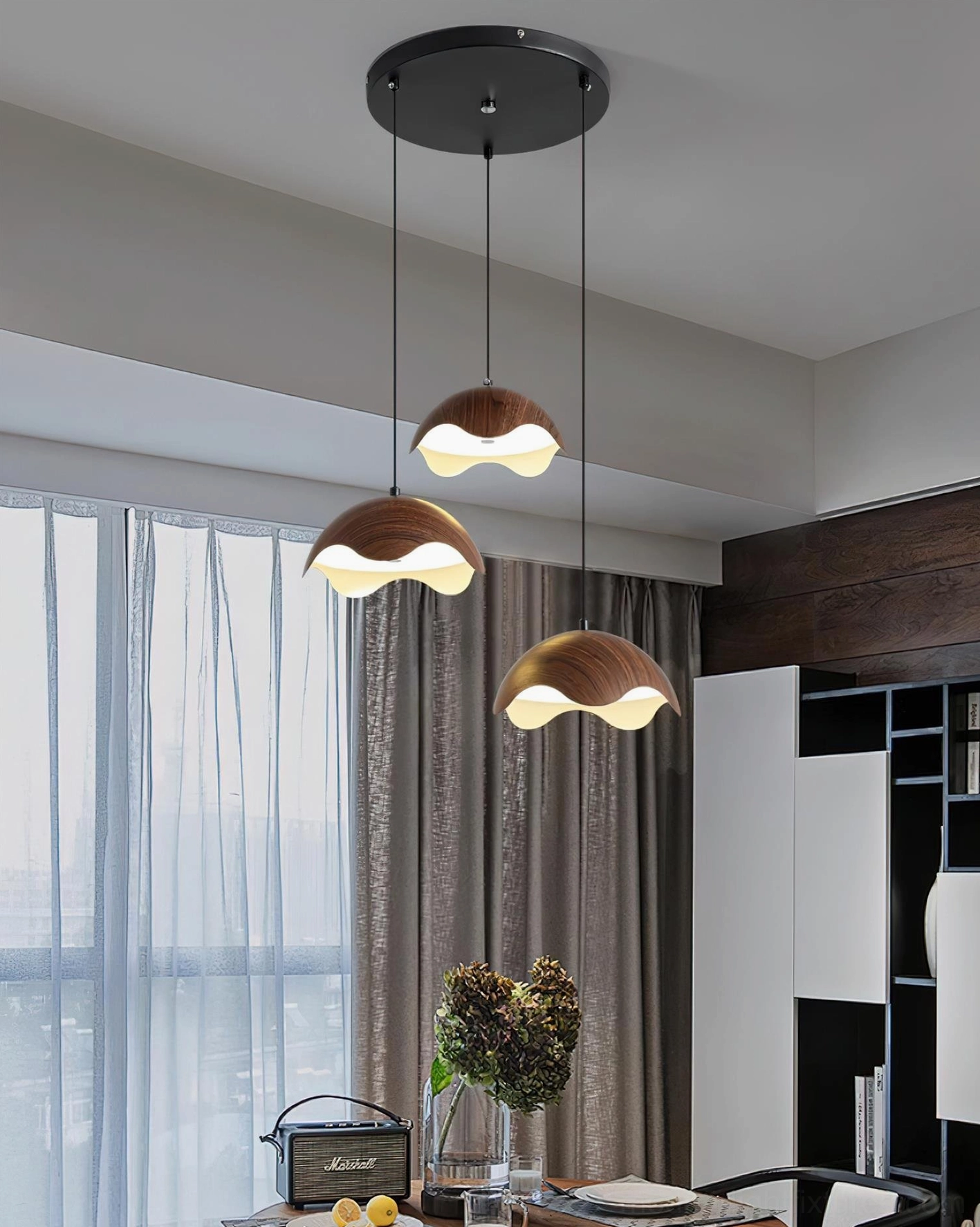 Callan 3-head linear pendant light installation in modern kitchen with natural wood tones and integrated LED
