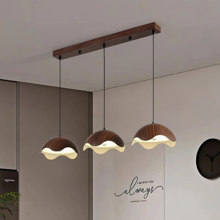 Callan 3-head linear pendant light fixture with multiple wooden shades in contemporary kitchen dining area