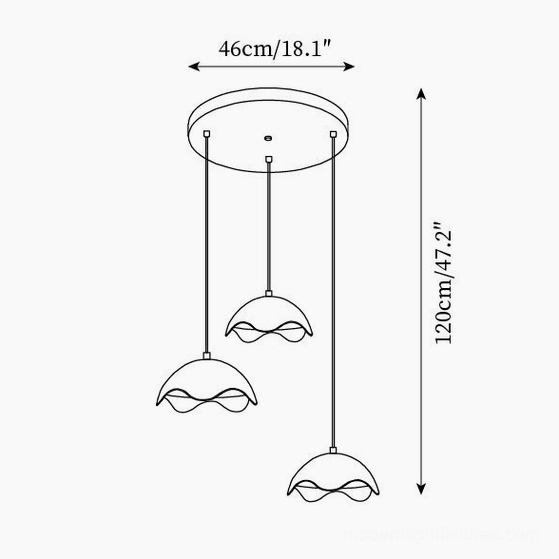 Technical specification drawing for Callan 3-head round pendant light 46cm diameter 120cm height