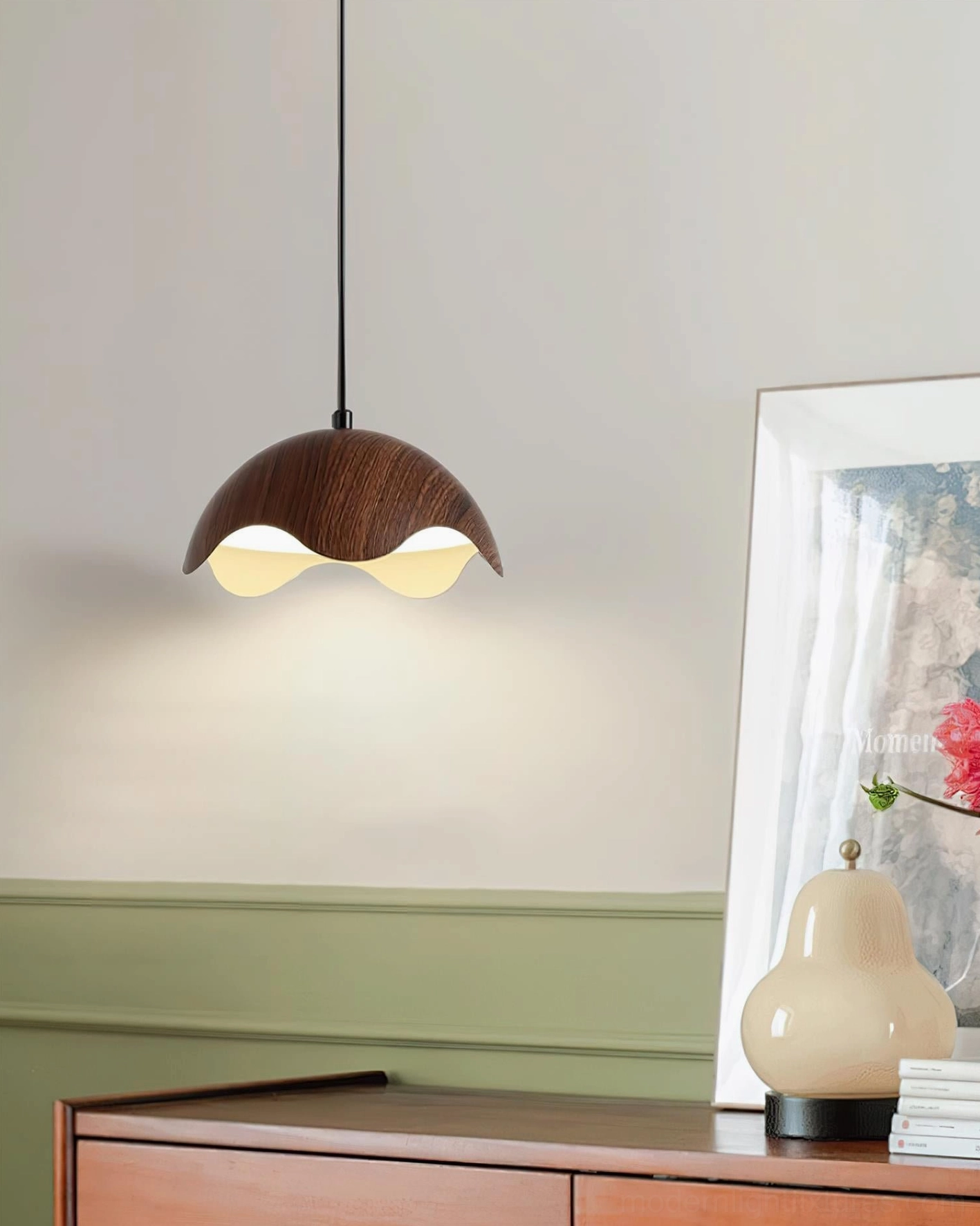Callan sculptural pendant light with wood grain texture showing biophilic design principles in modern interior