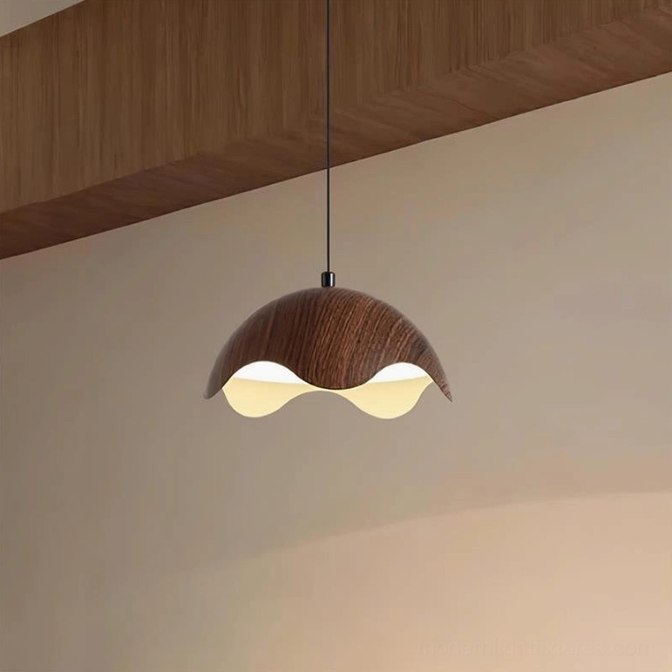 Modern Callan wooden pendant lamp with organic-inspired wavy shade in walnut finish, indoor eye-level perspective showing warm LED glow