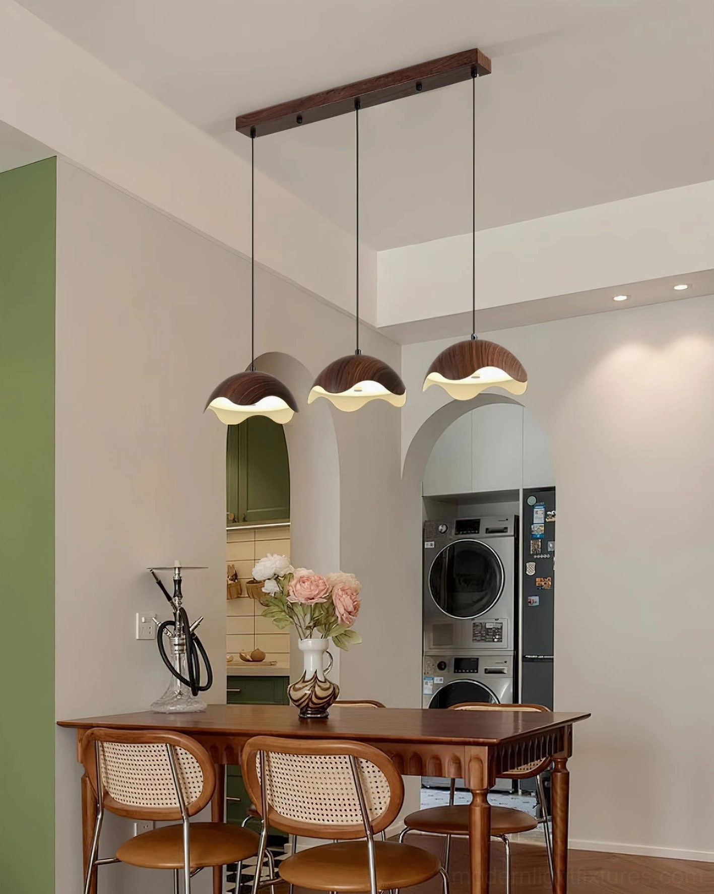 Callan modern pendant light fixture with organic wavy-edge wooden shade and natural grain texture detail
