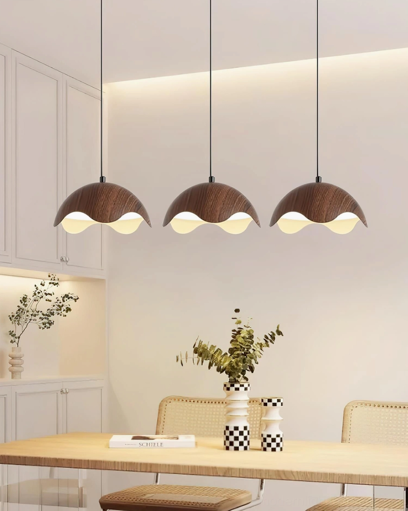 Callan pendant light series featuring walnut and black color options with wood grain texture detail