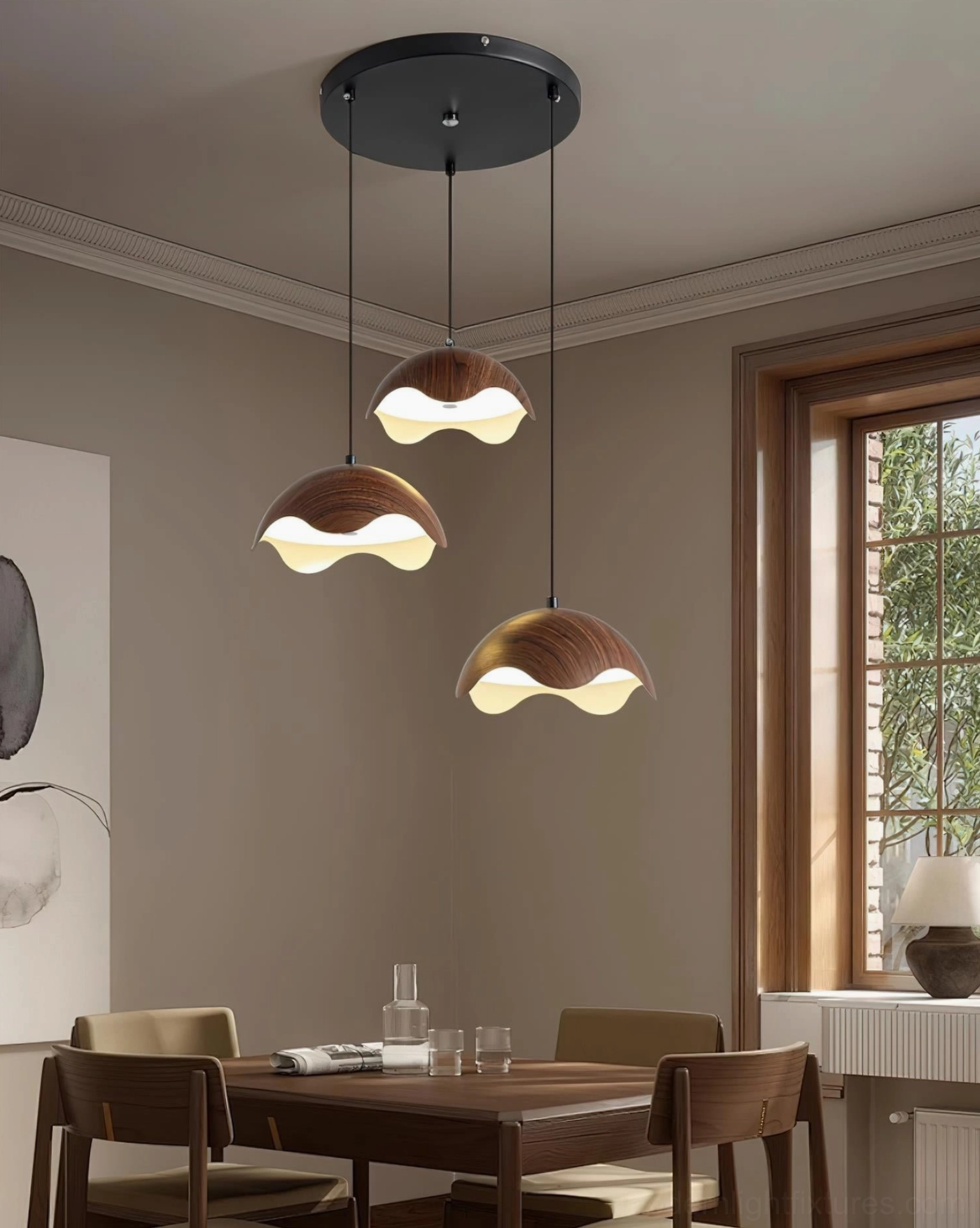 Callan organic pendant lamp showing wavy-edge wooden shade construction and LED light diffusion