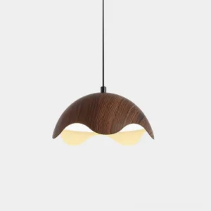 Callan organic pendant light with wavy-edge wooden shade featuring natural grain texture, modern sculptural design on white background
