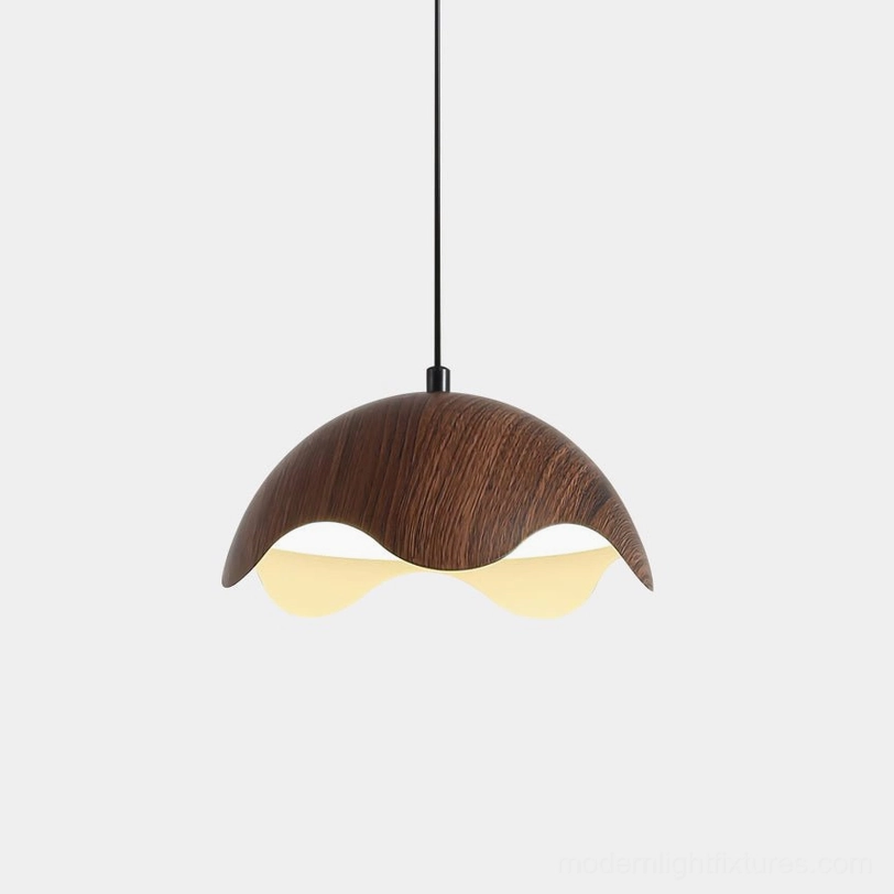Callan organic pendant light with wavy-edge wooden shade featuring natural grain texture, modern sculptural design on white background
