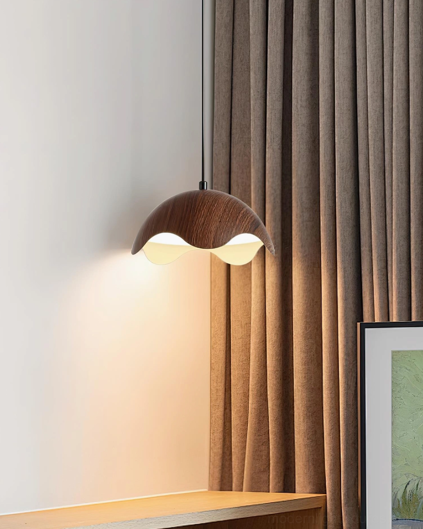 Callan organic pendant light in contemporary living room showing sculptural wood shade as statement piece