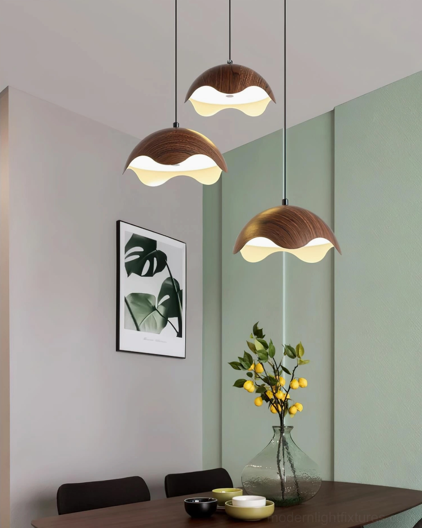 Callan sculptural pendant light series showcasing walnut color wood finish and contemporary design aesthetic