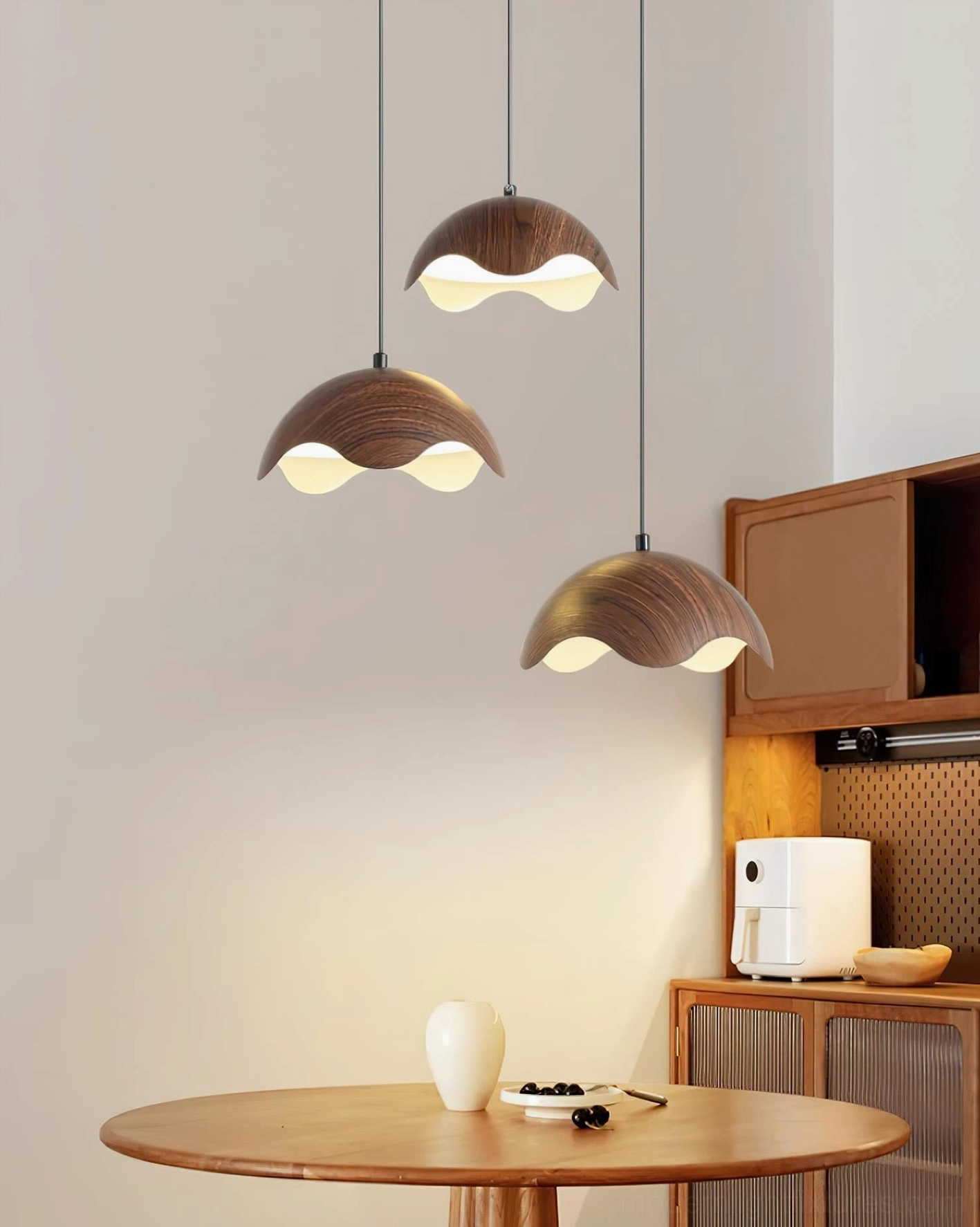 Callan modern wooden pendant light with warm and cool white LED temperature options for ambiance customization