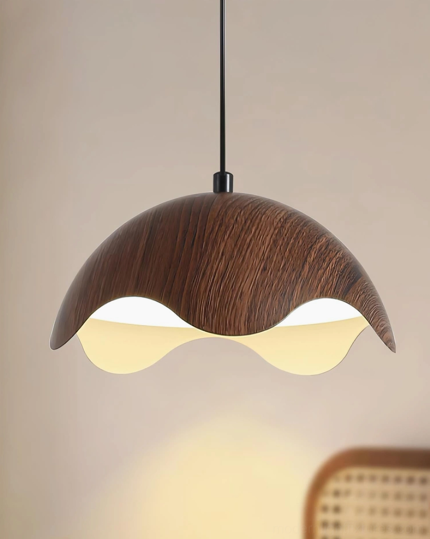 Callan wooden pendant light in Scandinavian-inspired space with natural materials and neutral color palette