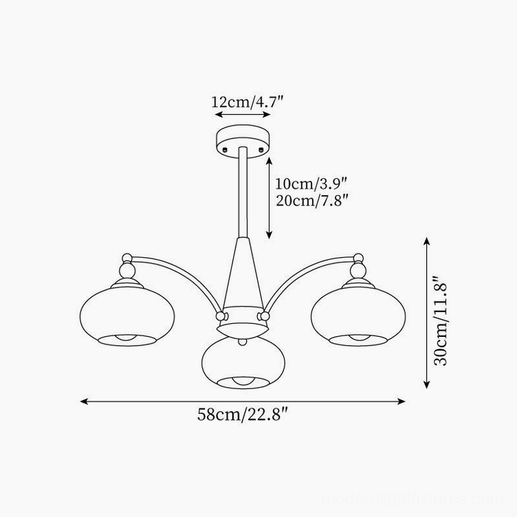 Retro Calliope 3-head chandelier technical specification drawing - orthographic front view showing 58cm diameter and 30cm height measurements