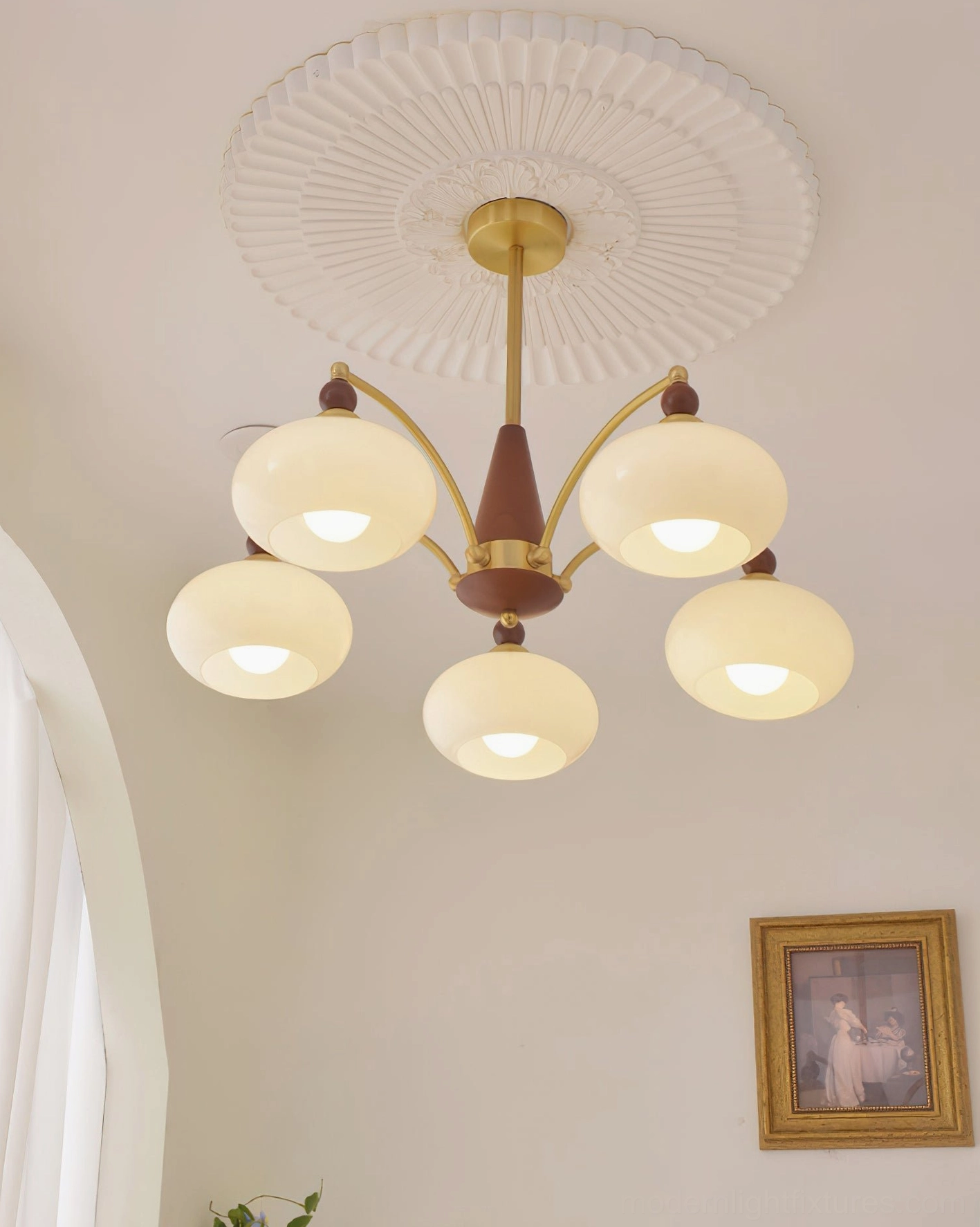 Calliope 3-light retro chandelier overhead view - showing radial arm symmetry and shade positioning