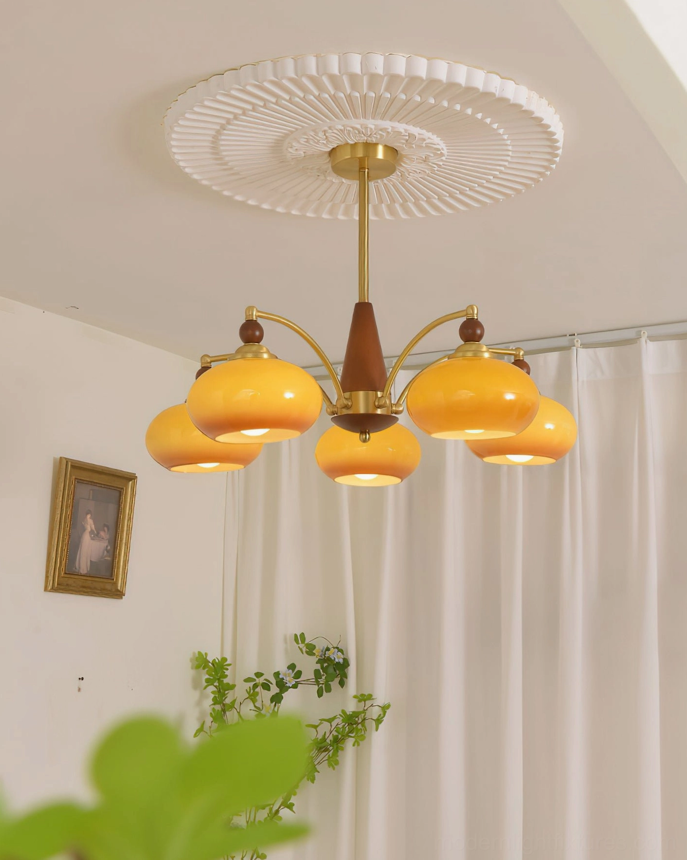 Calliope vintage 3-light retro pendant - mid-century modern brass frame with wood center piece